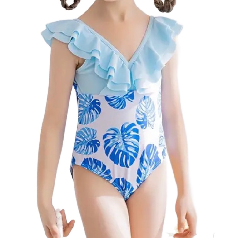 One-Piece Swimwear Tropical Palm Leaf V-Neck Ruffle Bathing Swimsuit New